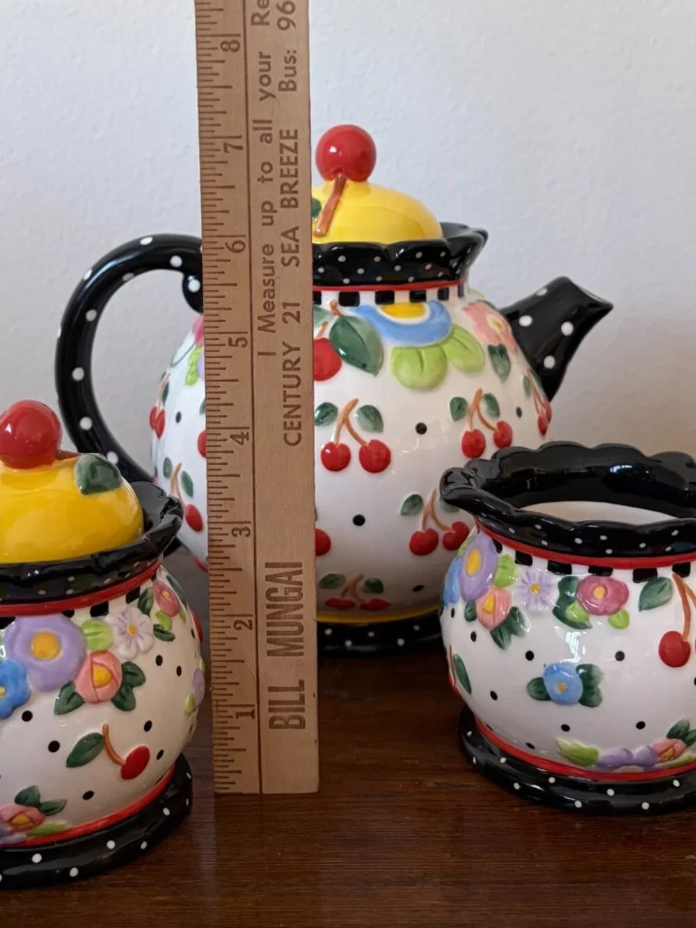 Mary Engelbreit Oh So Breit Teapot Creamer Sugar Set, Cherries and Flowers